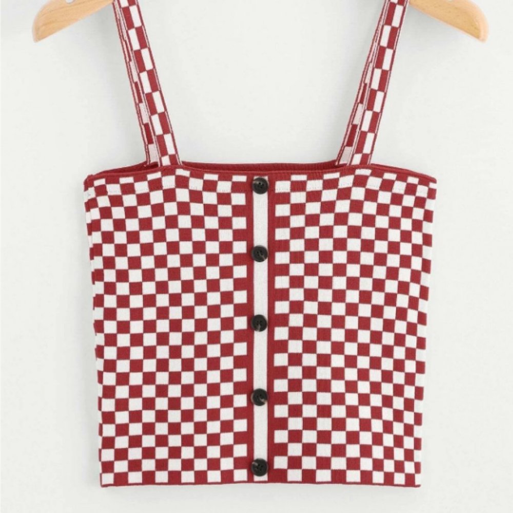 Button Front Plaid Shell Top